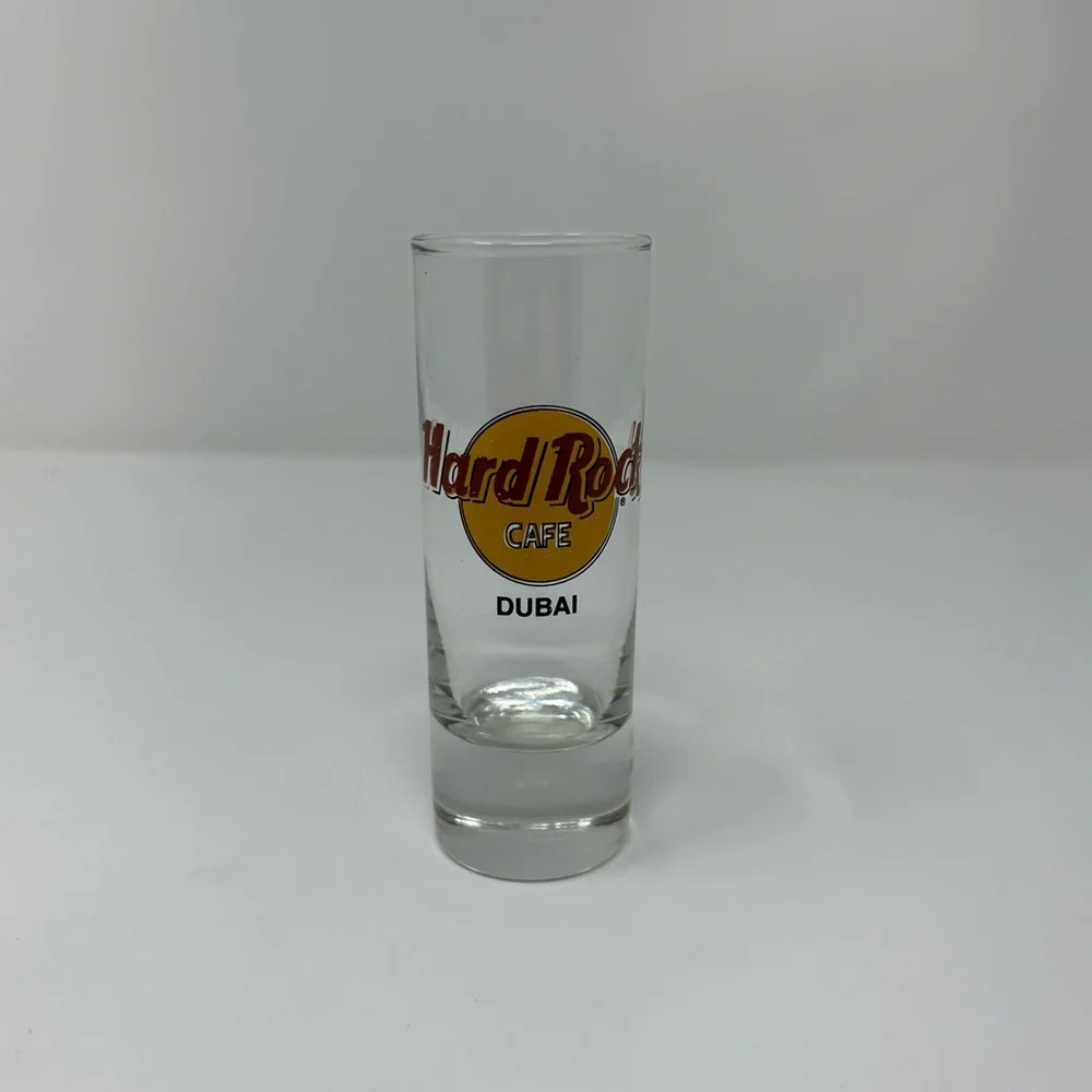 Hard Rock Cafe Dubai HRC Clear Shot Glass with Red and Yellow Logo 4” Tall